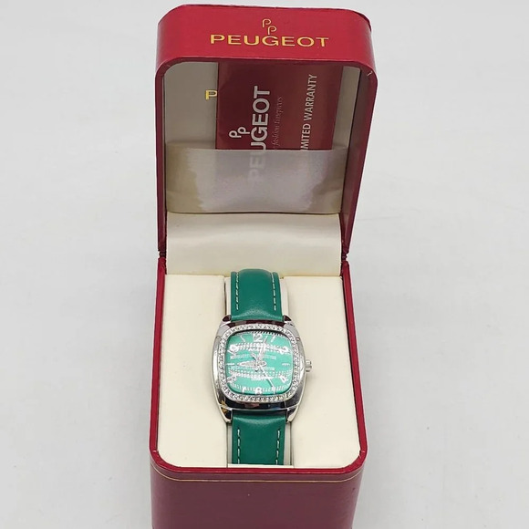 Peugeot Womens Green Dial Quartz Watch With Crystal Bezel & Leather Strap - Picture 1 of 6